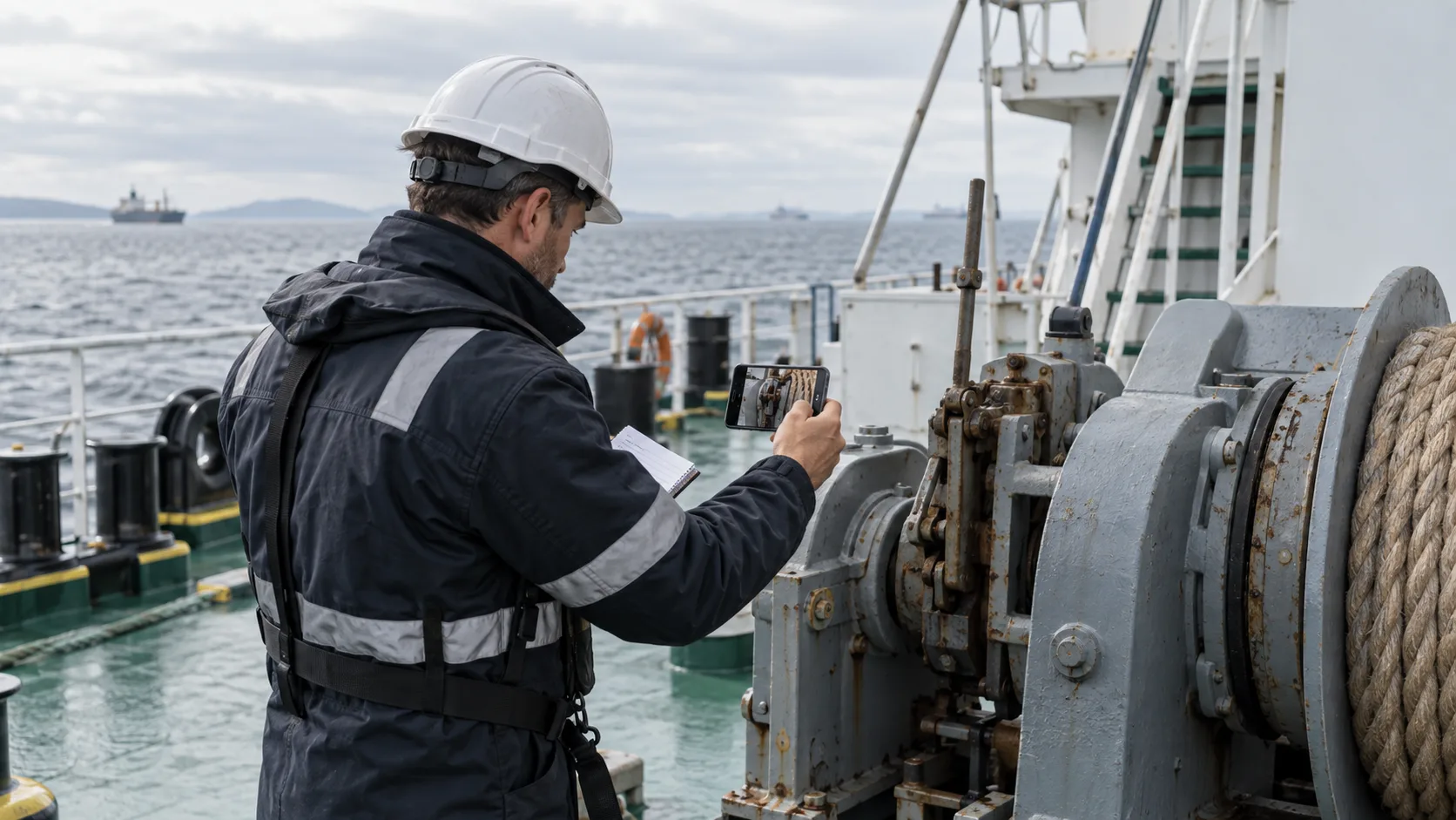 Illustration of a marine inspector photographing a mooring winch on board