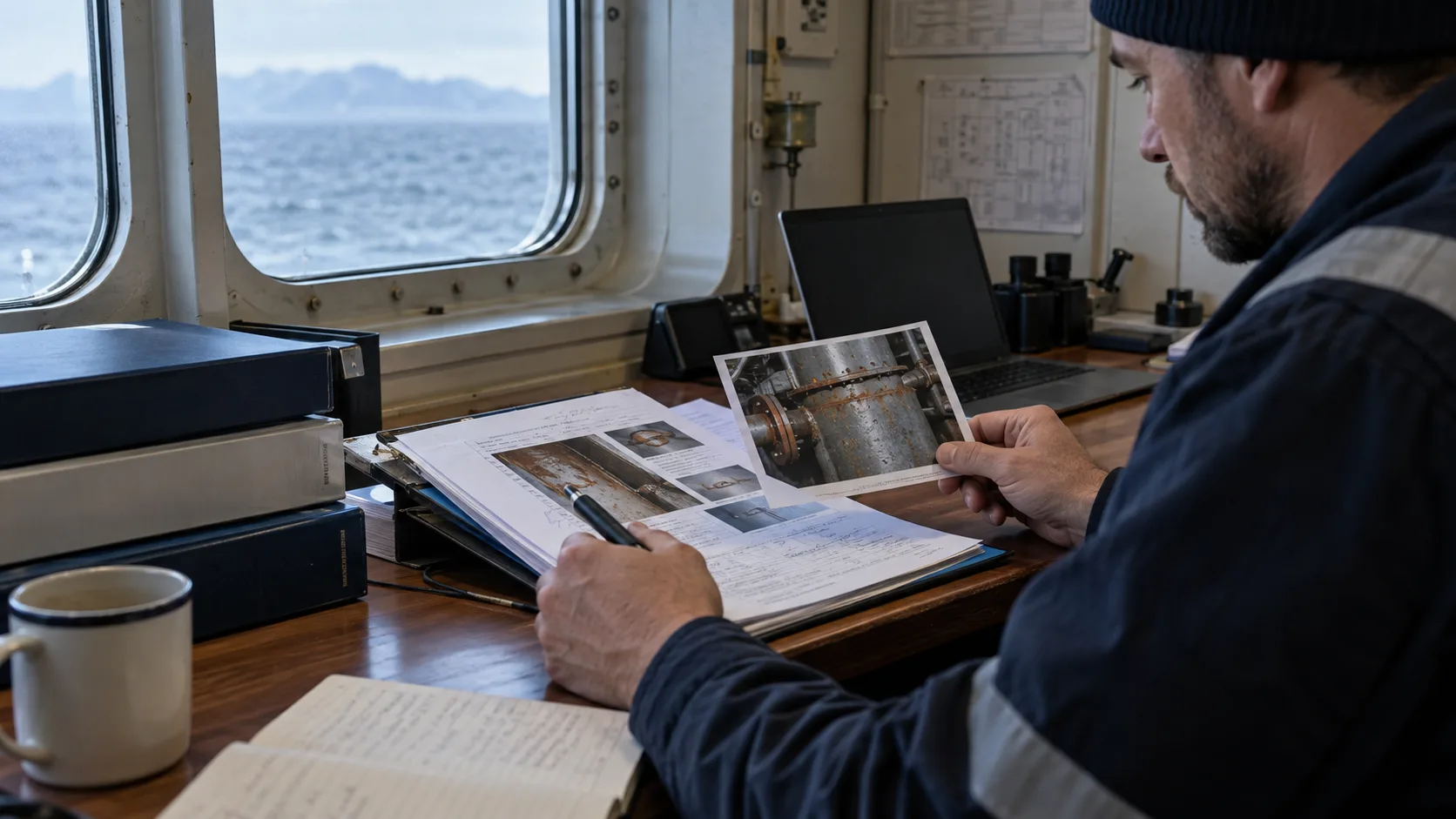 Illustration of an inspector reviewing inspection photos and prior reports in a shipboard office